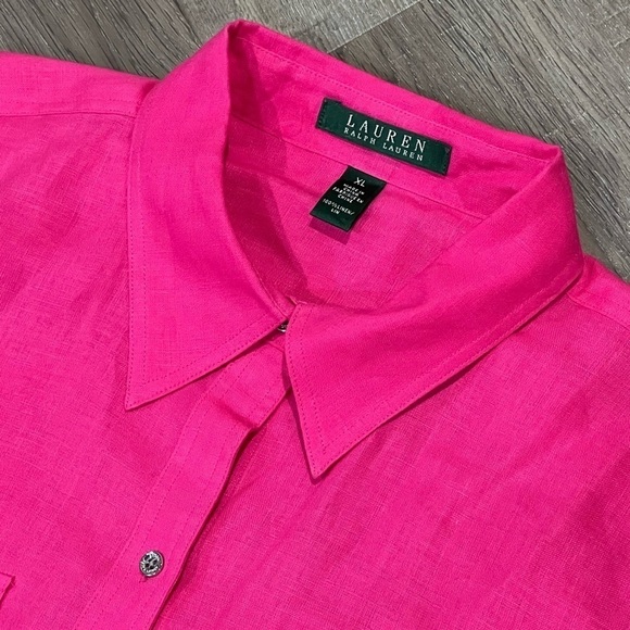 Women’s XL 100% Linen Pink Button Front Beach Vacation Lightweight Classic Shirt - Picture 3 of 9